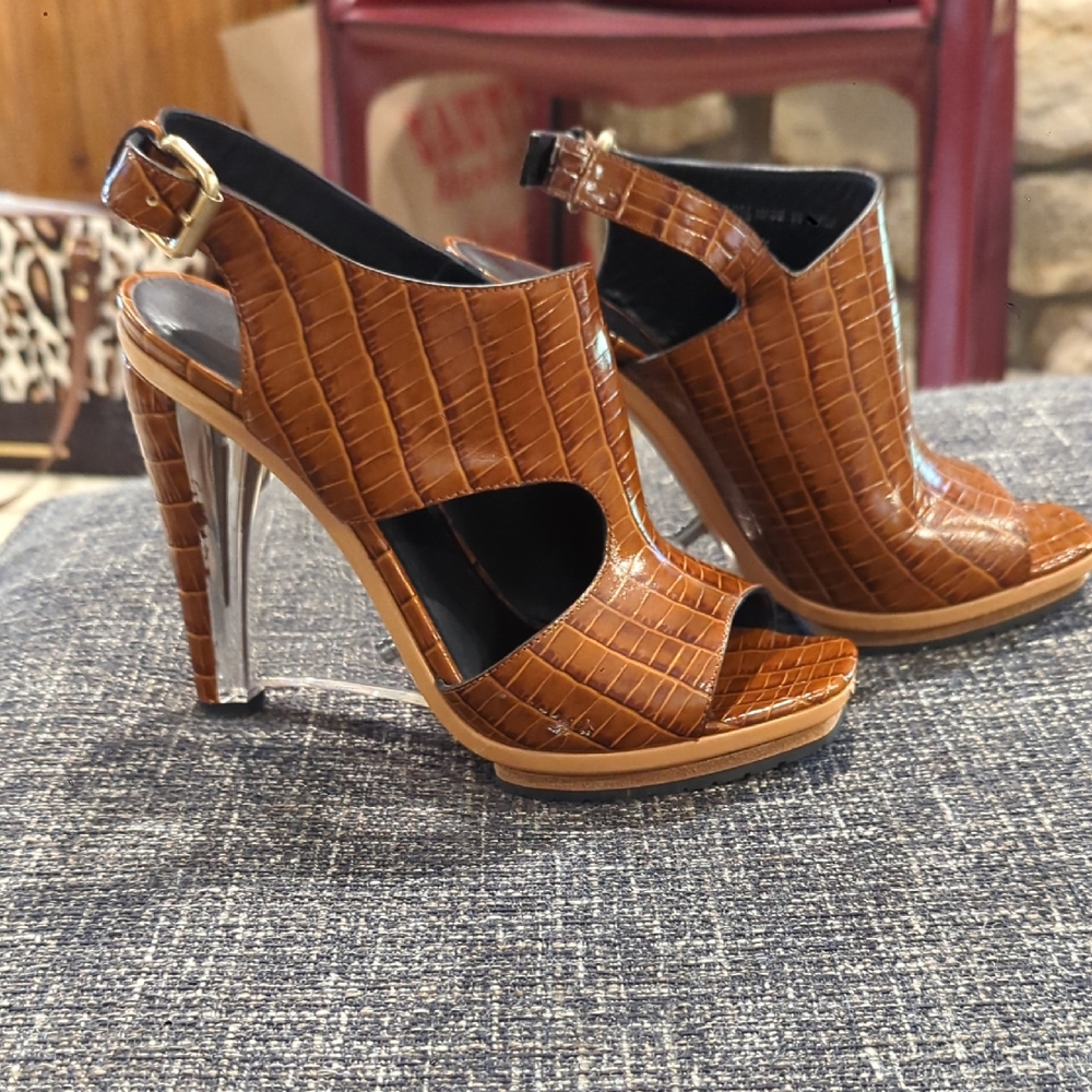 Rodarte Brown Croc-Embossed Heels with Slingback Design